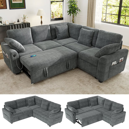 BedLuxury 83" Sectional Sleeper Sofa with Pull Out Bed, L Shaped Couch with Storage Seat for Living Room, Gray