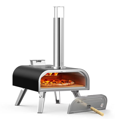BIG HORN OUTDOORS 16 Inch Pellet Pizza Oven Outdoor, Wood Pellet Pizza Stove with Pizza Stone for Backyard, Camping, Silver
