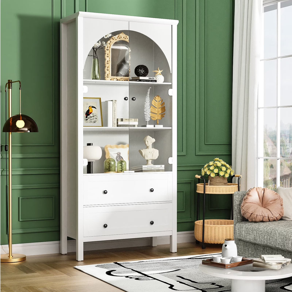 Arched Bookcase, Oak Arched Cabinet with Drawers, 71" Tall China Curio Cabinet, Display Cases for Collectibles, Vintage Bookshelf for Ding Room, Bedroom, Living Room