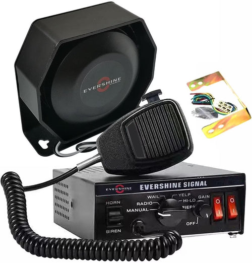 Evershine Signal 12V 100W Police Siren PA System Kit with Heavy Duty Siren Amplifier Flat Speaker Hanheld Mirophone 7 Tones Warning Emergency Siren for Vehicles Tow Truck UTV ATV Van Car POV RV