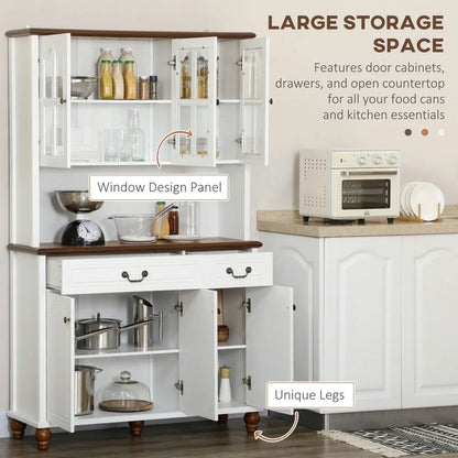 Barara King Kitchen Pantry,Kitchen Buffet with Hutch 6 Door 2 Drawer Adjustable Shelves, White