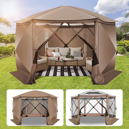 COBIZI 12'x12' Pop-up Gazebo Outdoor Camping Tent with 6 Sides Mosquito Netting, Waterproof, UV Resistant, Portable Screen House Room, Easy Set-up Party Tent with Carry bag, Ground Spike, Brown