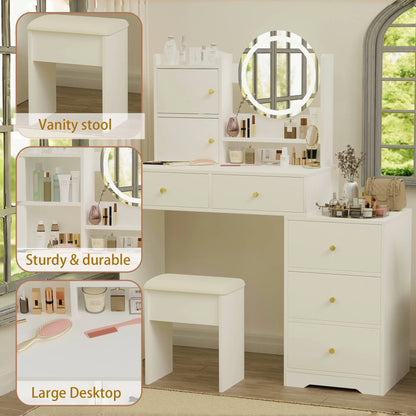 Montary Modern Mini Vanity w/Adjustable LED Mirror + Hidden Storage, Padded Stool & Dustproof Shelves (White)