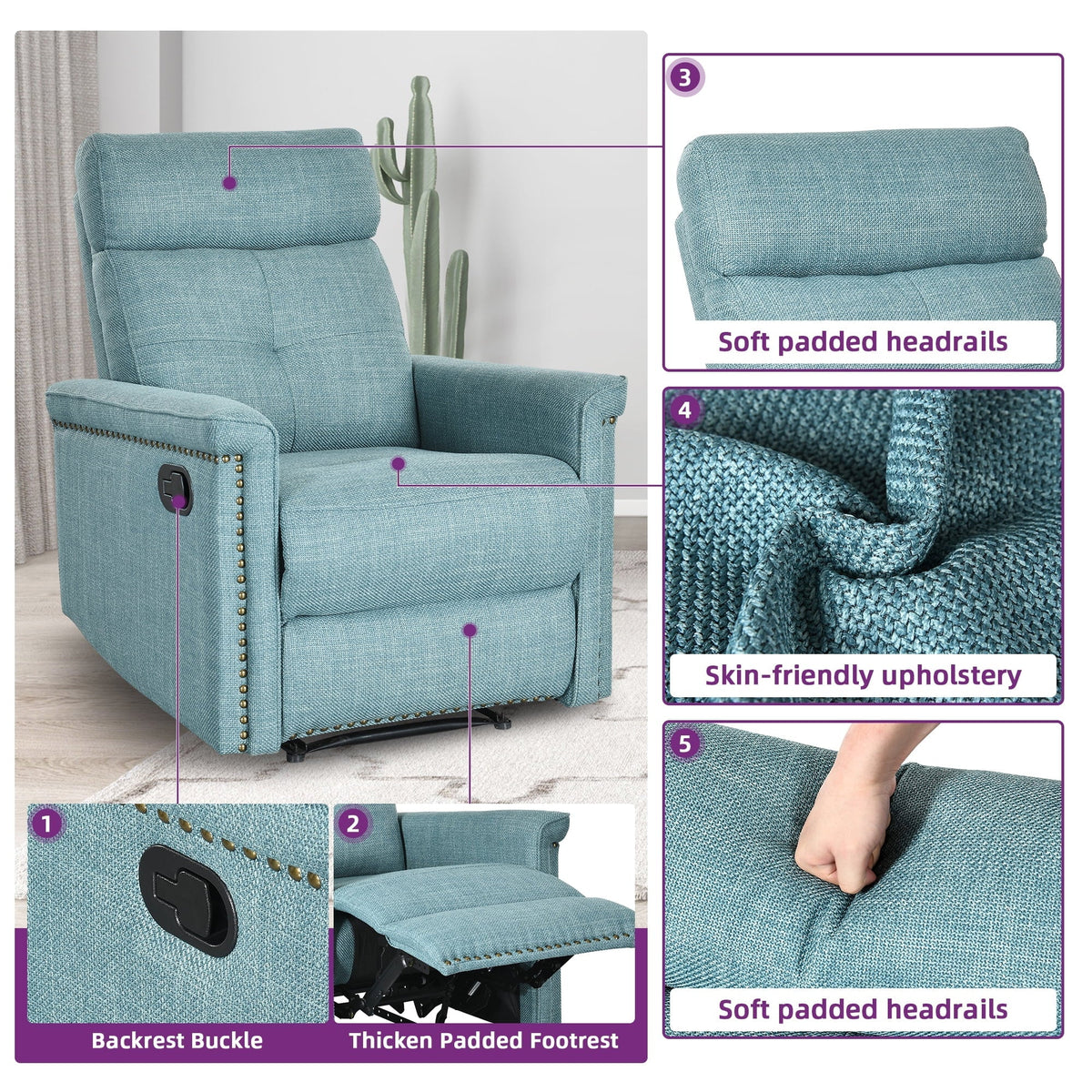 Dextrus Upholstered Recliner Chair Single Sofa Adjustable Home Theater Seating w Studded, Blue A