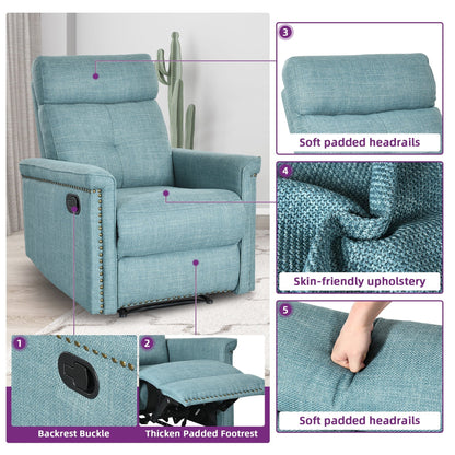 Dextrus Upholstered Recliner Chair Single Sofa Adjustable Home Theater Seating w Studded, Blue A