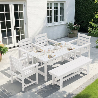 KINGYES 7-Piece Outdoor Dining Set, HDPE Patio Table and Chairs with Umbrella Hole, Gray