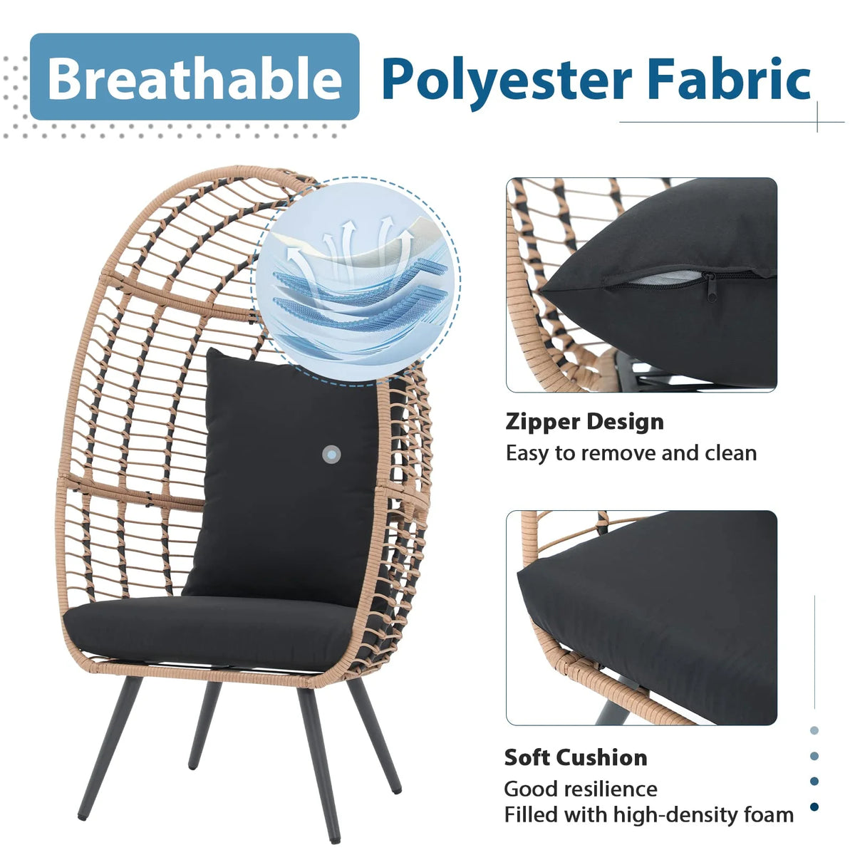 Indoor Outdoor Swing Egg Chair with Stand, Patio Foldable Grey Wicker Rattan Hanging Chair with Cushion, Light Gray