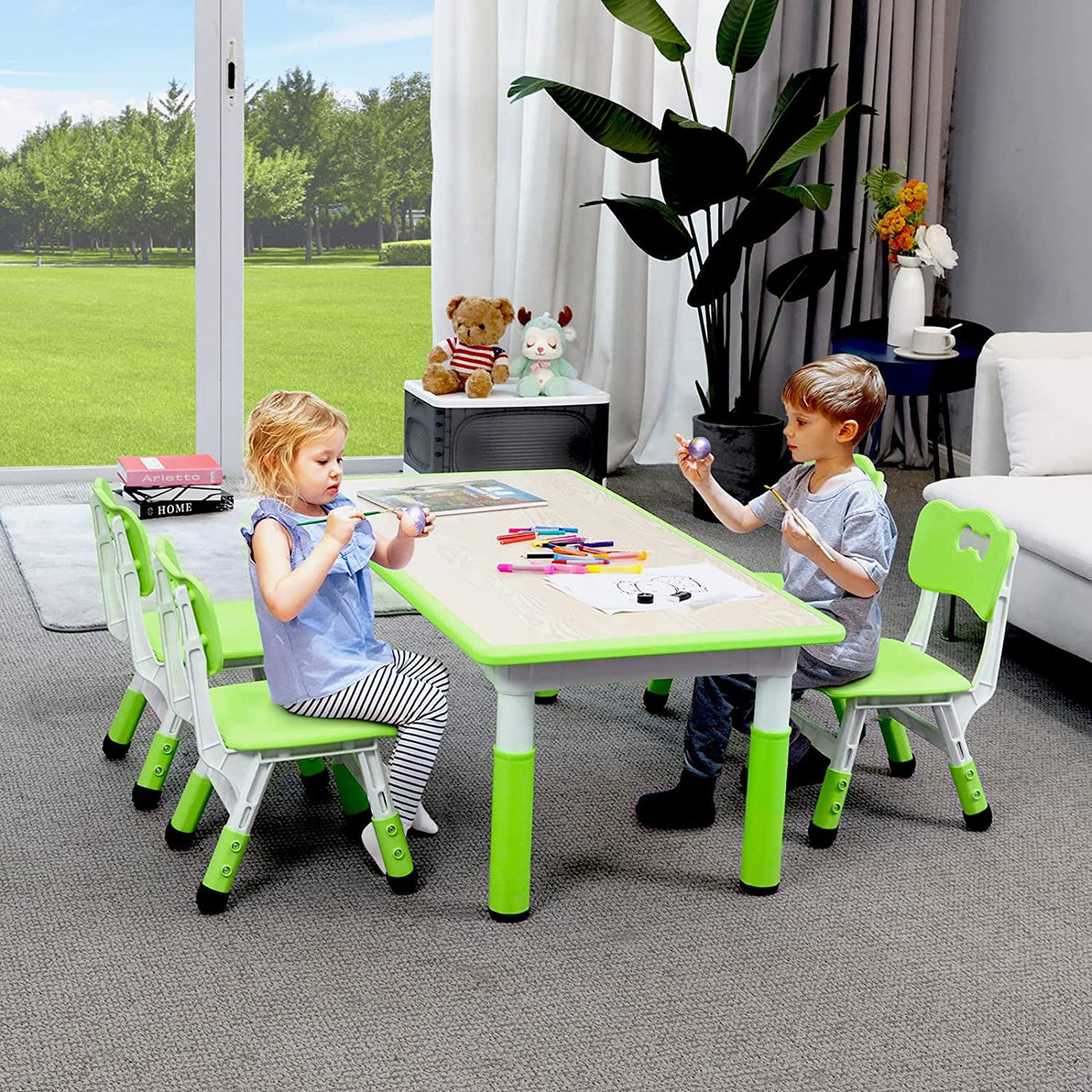 Arlopu Toddler Table and Chair Set Height Adjustable, Kids Activity Table for Reading, Drawing, Eating, Studying, Max 220lbs
