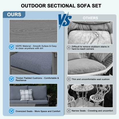SERWALL Outdoor Patio Furniture Set, 7-Piece HDPE Outdoor Sofa Set Patio Conversation Set, Black Frame with Beige Cushions