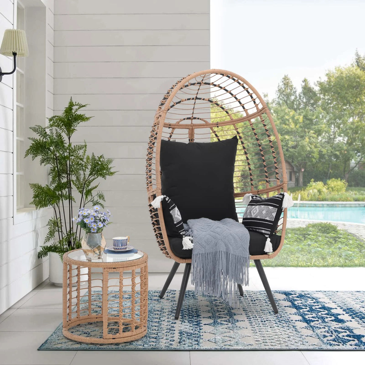 Indoor Outdoor Swing Egg Chair with Stand, Patio Foldable Grey Wicker Rattan Hanging Chair with Cushion, Light Gray