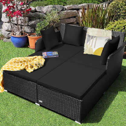 Costway Outdoor Patio Rattan Daybed Pillows Cushioned Sofa Furniture Beige