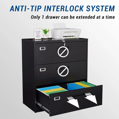STANI Lateral File Cabinet with Lock, 3 Drawer Lockable Filing Cabinet, Large Metal Storage File Cabinet for Hanging Files Letter/Legal/F4/A4 Size
