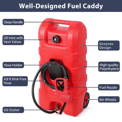 15 Gallon Fuel Caddy, Portable Gas Fuel Tank Container with LE Fluid Transfer Siphon Pump and 10ft. Delivery Hose, Diesel Storage Can On-Wheels for Cars, Lawn Mowers, ATVs, Boats, Gray
