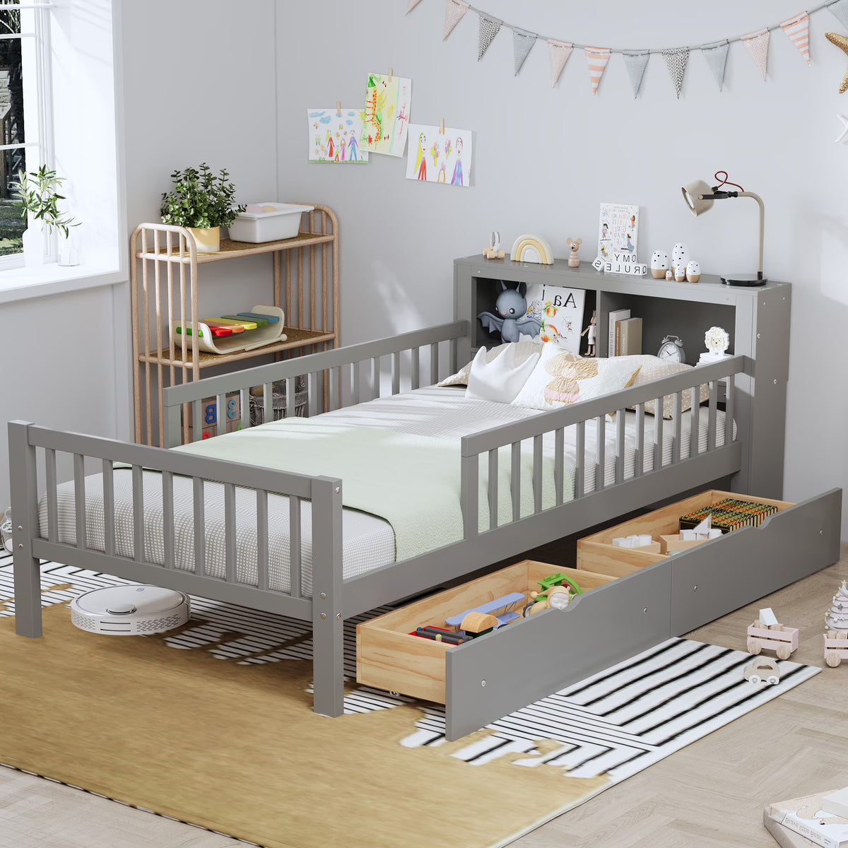 Euroco Wood Twin Size Platform Bed with Storage Headboard and Drawers, Low Profile Bed with Guardrails for Kids and Toddlers, White