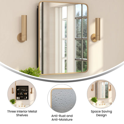 Merrick Lane 24" x 30" Reversible Bathroom Wall Medicine Cabinet with Rounded Rectangular Beveled Mirror and Black Metal Frame and Shelves