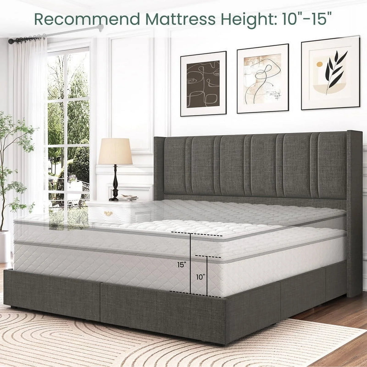 LARMACE King Size Upholstered Bed Frame with 4 Storage Drawers and Vertical Channel Tufted Headboard Linen Platform Bed Frame Wingback Beds with Wooden Slats Support, Beige