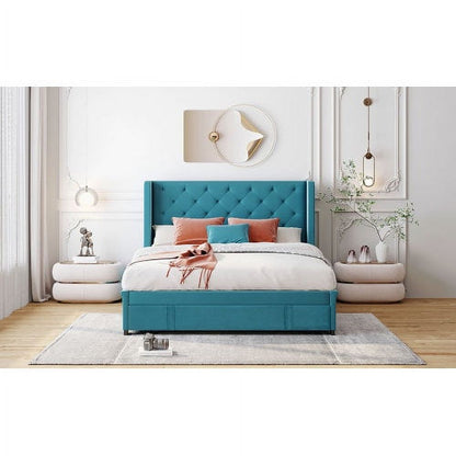 Queen Bed Frame with Storage Drawer, Velvet Upholstered Storage Bed, Wood Platform Bed Frame with Wingback Headboard and a Big Drawer(Beige)