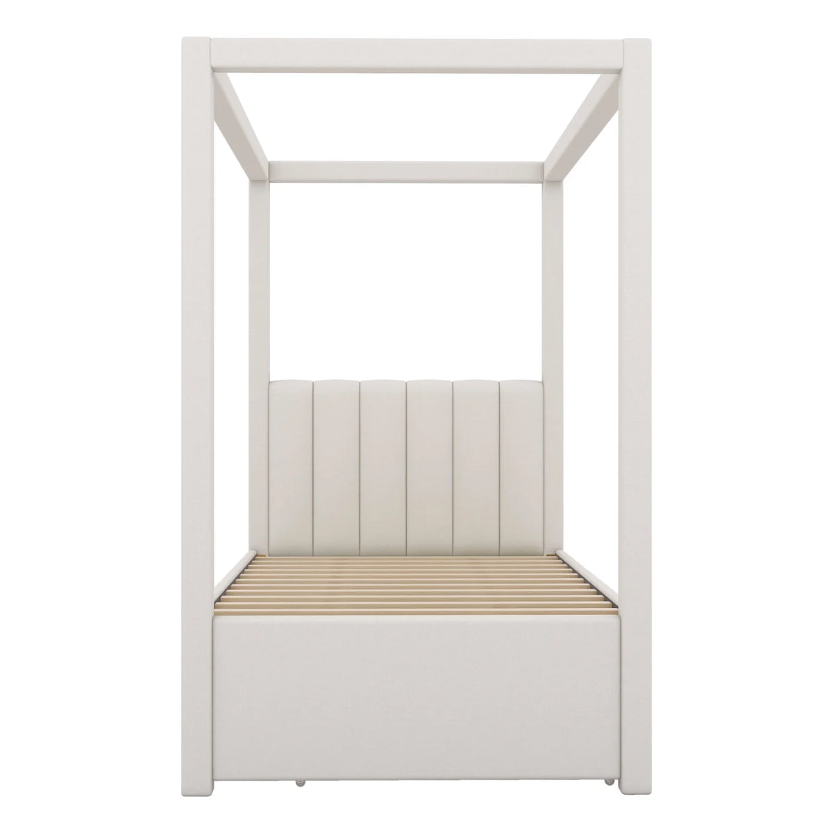 Harper & Bright Designs Twin Size Upholstery Canopy Platform Bed with Trundle and 3 Storage Drawers, Captain Platform Bed Frame with 4-Poster Canopy Roof, Beige