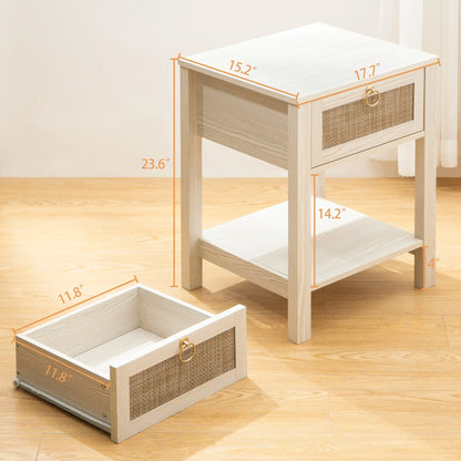 Surmoby Farmhouse Rattan Nightstand Set of 2,Boho Bedside Tables with Storage Drawer and Open Shelf - Side Table End Tables for Bedroom or Living Room