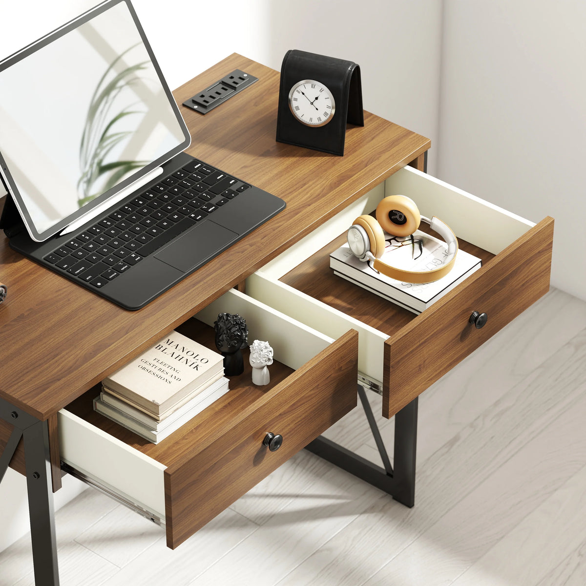 Manxile Fluted Computer Desk with USB Ports & Power Outlet, Modern White Study Table with Drawers