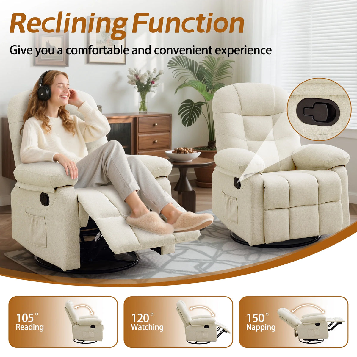 Korser Manual Swivel Rocker Recliner Chair for Living Room,Small Recliner Sofa for Small Spaces,Linen Fabric,Dark Black