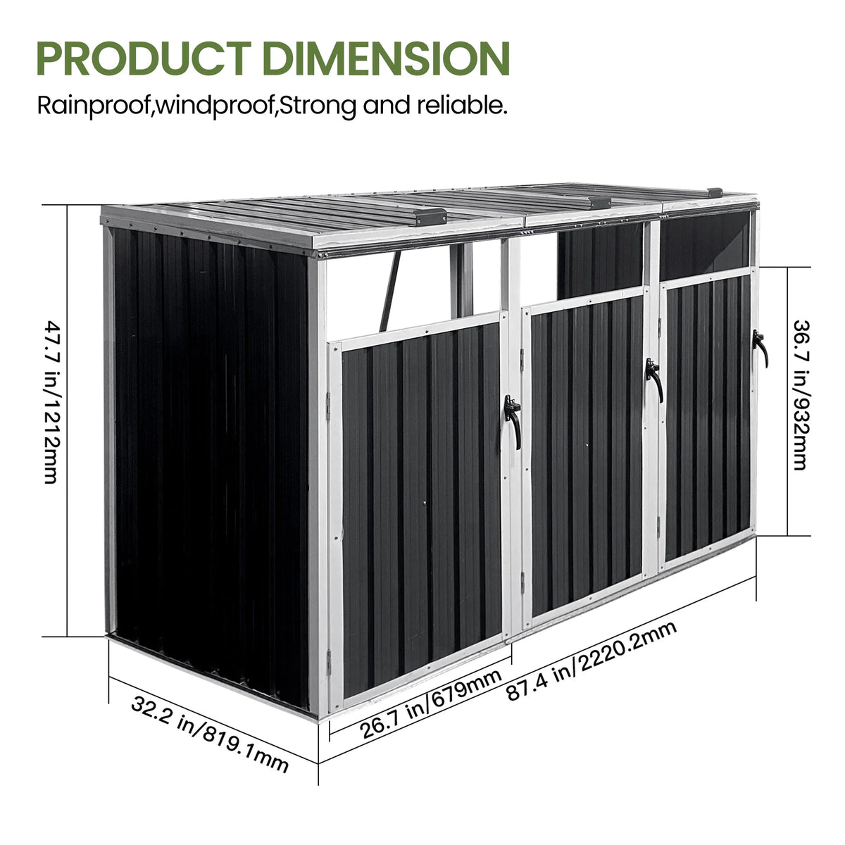 Aukfa 7.3' W Outdoor Garbage Bin Storage, Metal Storage Shed for 3 Trash Cans Tools, Waterproof Trash Can Storage