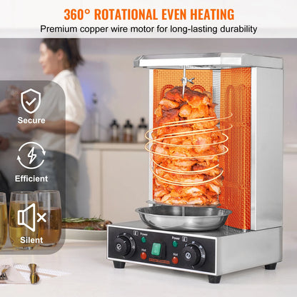 KFFKFF Electric Vertical Chicken Grill Machine Countertop BBQ Rotisserie Stainless Steel Body with 2 Burners for Restaurant Dinner Home Kitchen