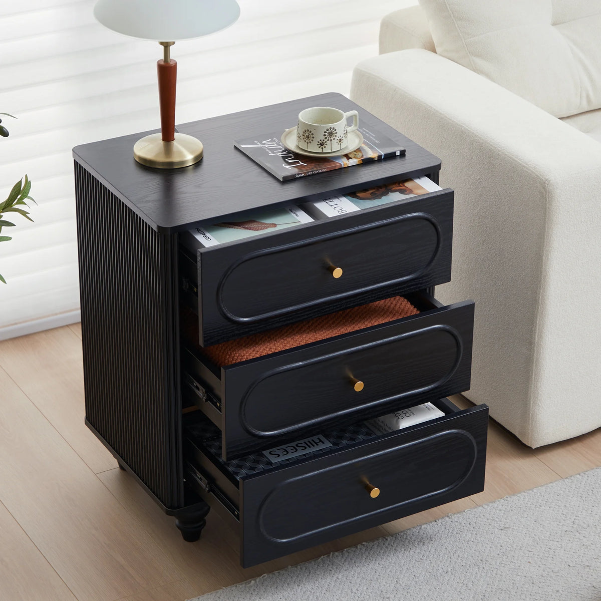 YOCWO 3 Drawer Nightstand, Classic Chest of Drawers with Arc Edge, Walnut