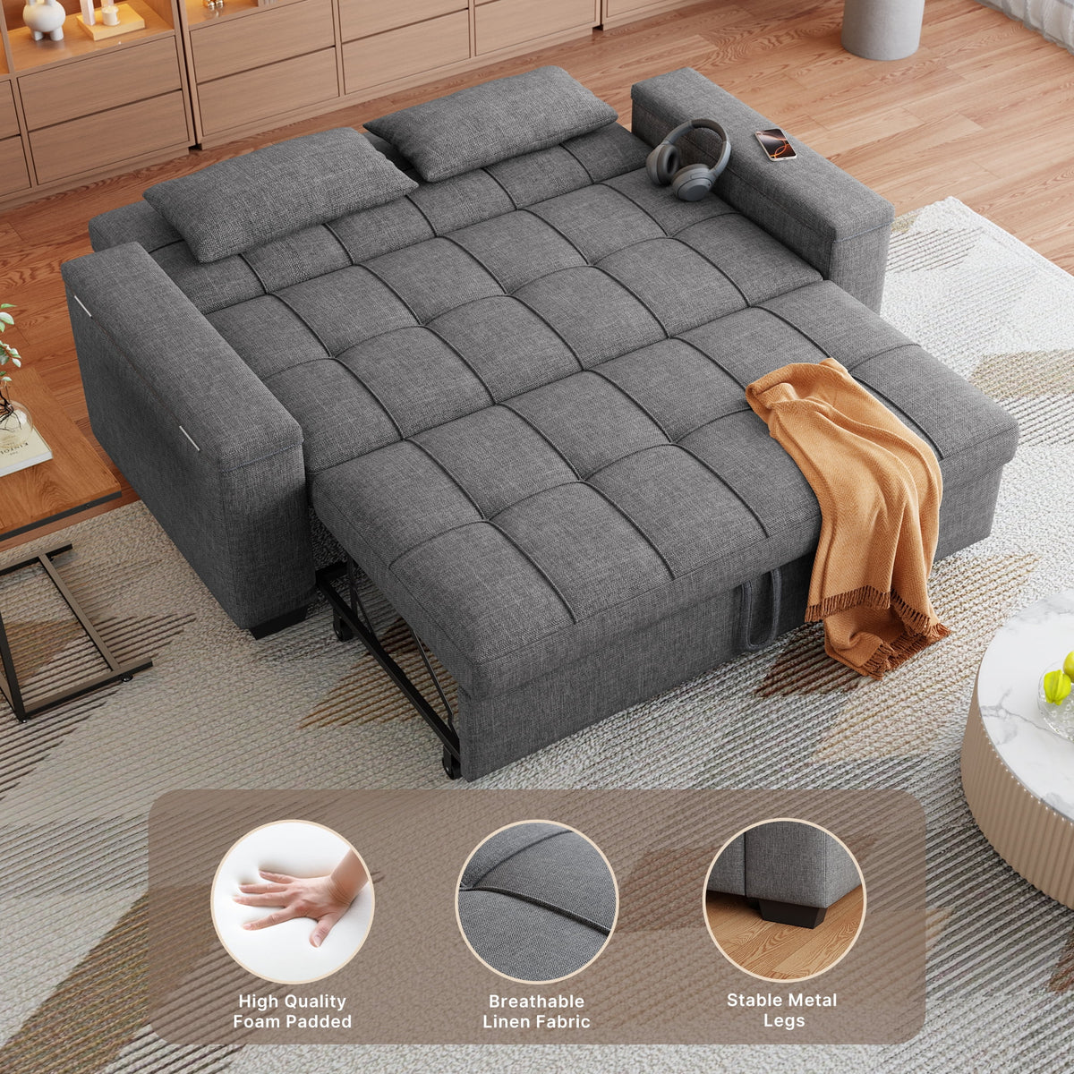 Sofa Bed, Lofka 3-in-1 Convertible Sleeper Sofa with Storage, Adjustable Backrest & Pull Out Function - Sleeper Chair for Small Space, Apartment, Dark Grey
