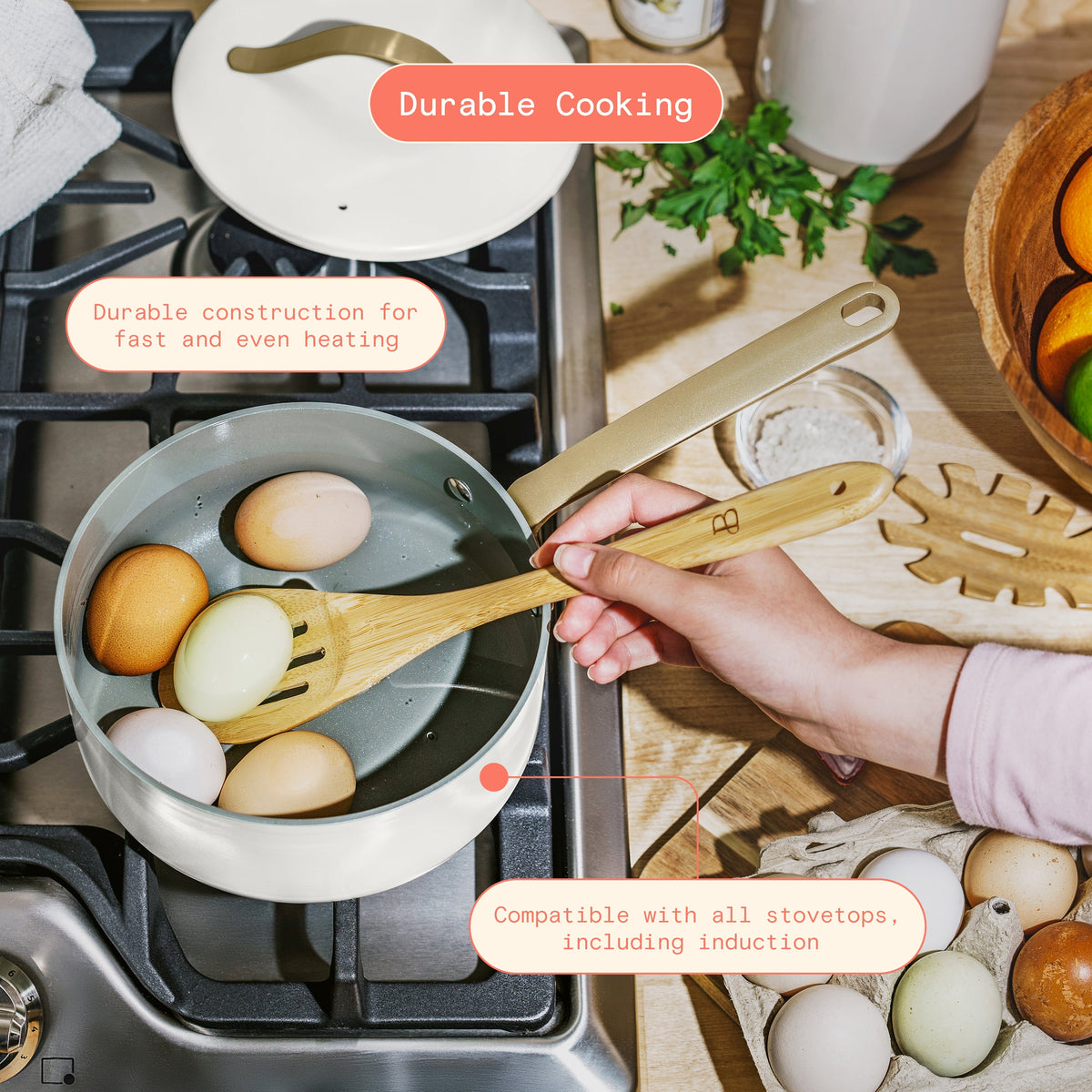 Beautiful 12pc Ceramic Non-Stick Cookware Set with Strainer Lids, White Icing by Drew Barrymore