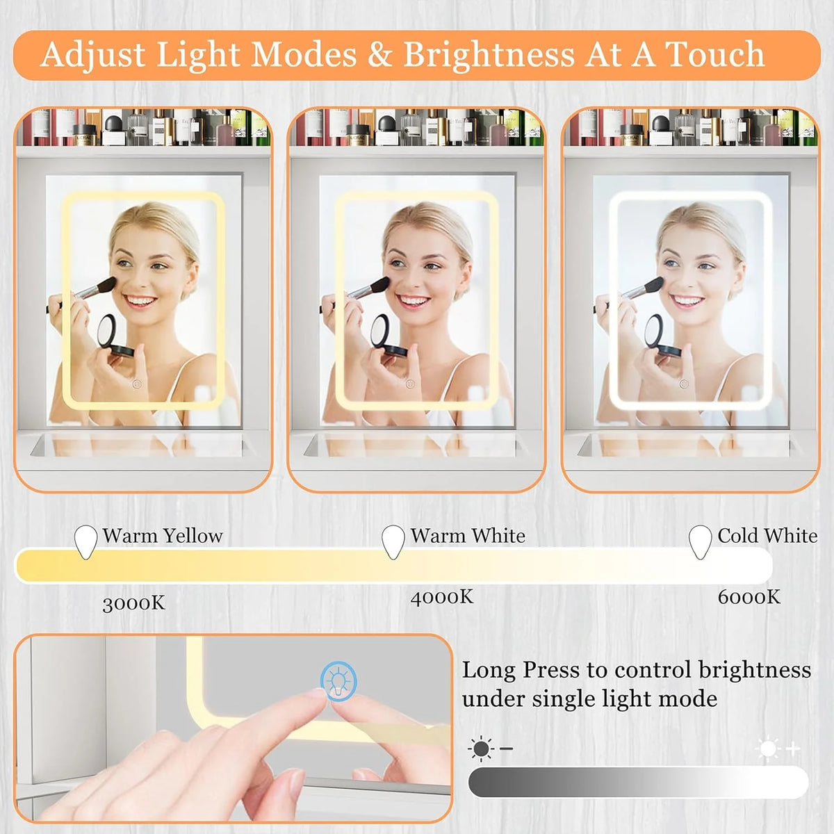 Montary Modern Mini Vanity w/Adjustable LED Mirror + Hidden Storage, Padded Stool & Dustproof Shelves (White)