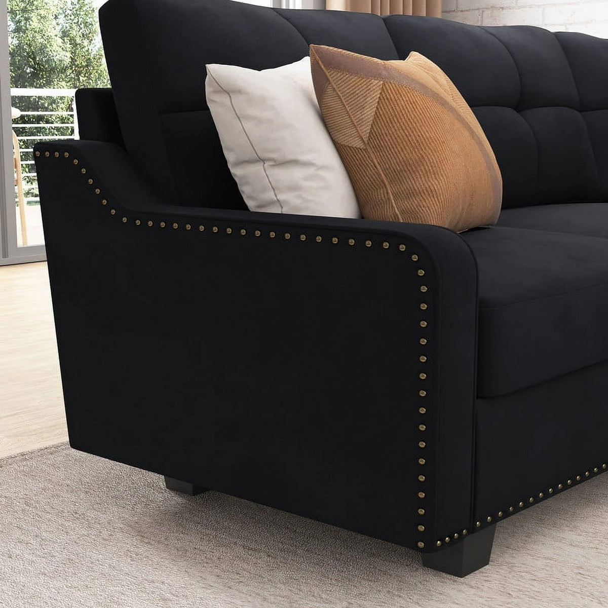 HONBAY Rivet Corner Sofa L-Shaped Sofa Couch Reversible 4-Seater Couch for Living Room and Apartment, Dark Blue