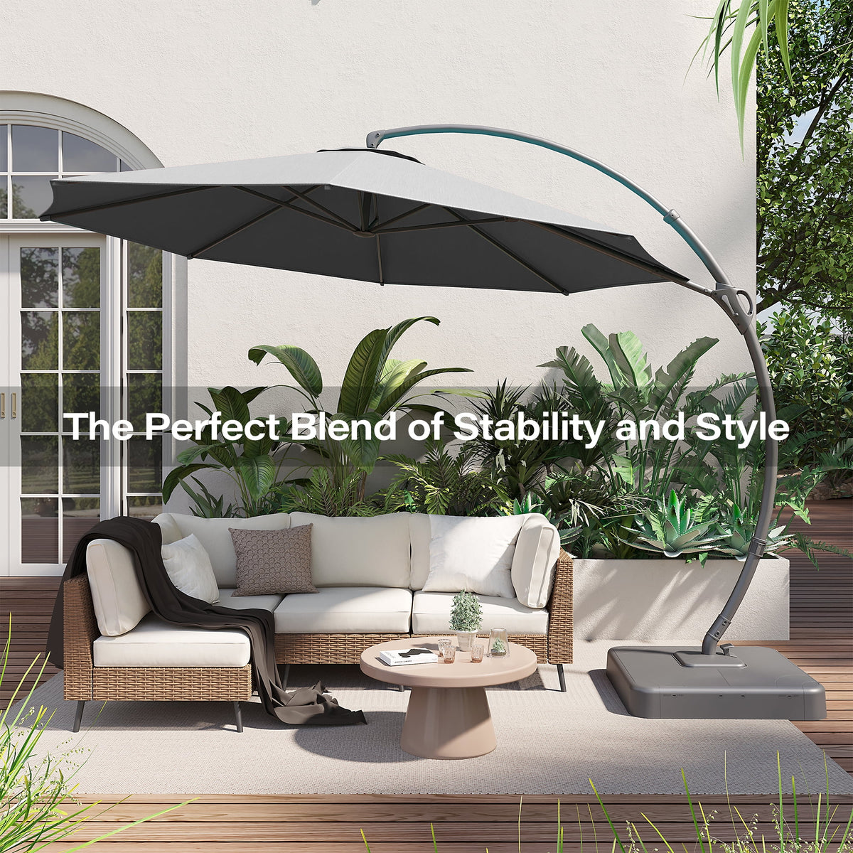 LAUSAINT HOME 11FT Patio Umbrella with Base, Outdoor Deluxe Curvy Cantilever Umbrella for Patio Pool Deck, Champagne