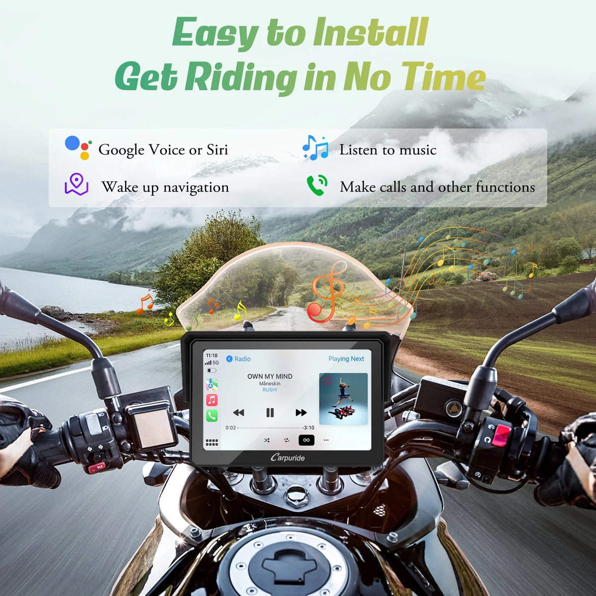 Carpuride W502 Wireless Carplay Screen Motorcycle Display Stereo Bluetooth Waterproof 5"Moto Radio