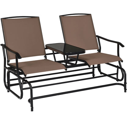 Gymax Patio 2-Person Glider Rocking Char Loveseat Garden w/ Tempered Glass Table Brown