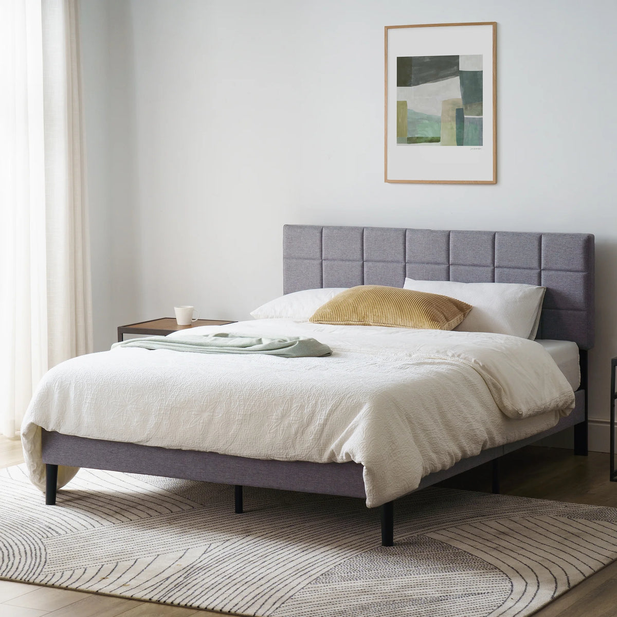 Mainstays Upholstered Platform Bed, No Box Spring Needed, Gray, Queen