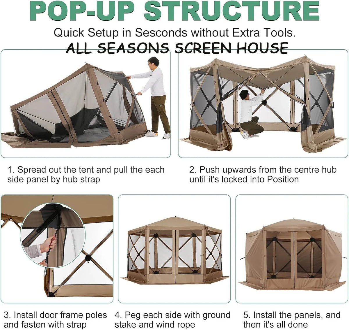 COBIZI 12x12 Pop Up Canopy Gazebo, Outdoor Canopy Tent Screen House with 5 sidewalls and Netting for Camping, Waterproof, UV Resistant, Ez Set-up Party Tent with Carrying Bag and Ground Stakes,Brown