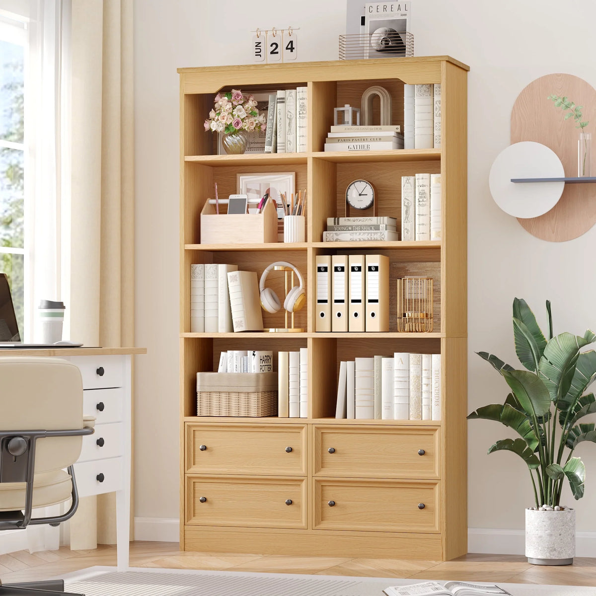 Homfa Double Row 6 Tier Bookcases, 71 in Tall Bookcase Bookshelf with 4 Drawers and 8 Display Cubicles, for Home Office Living Room, White