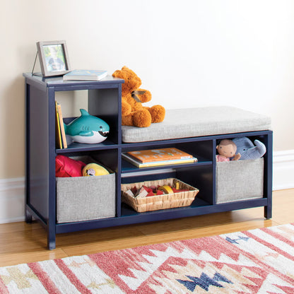 Martha Stewart Kids' Jr. Reading Nook with Bins - Linen White: Kids Wood Bookshelf and Storage Bench with Open Shelves and Canvas Storage Bins for Toys, Games, and Books