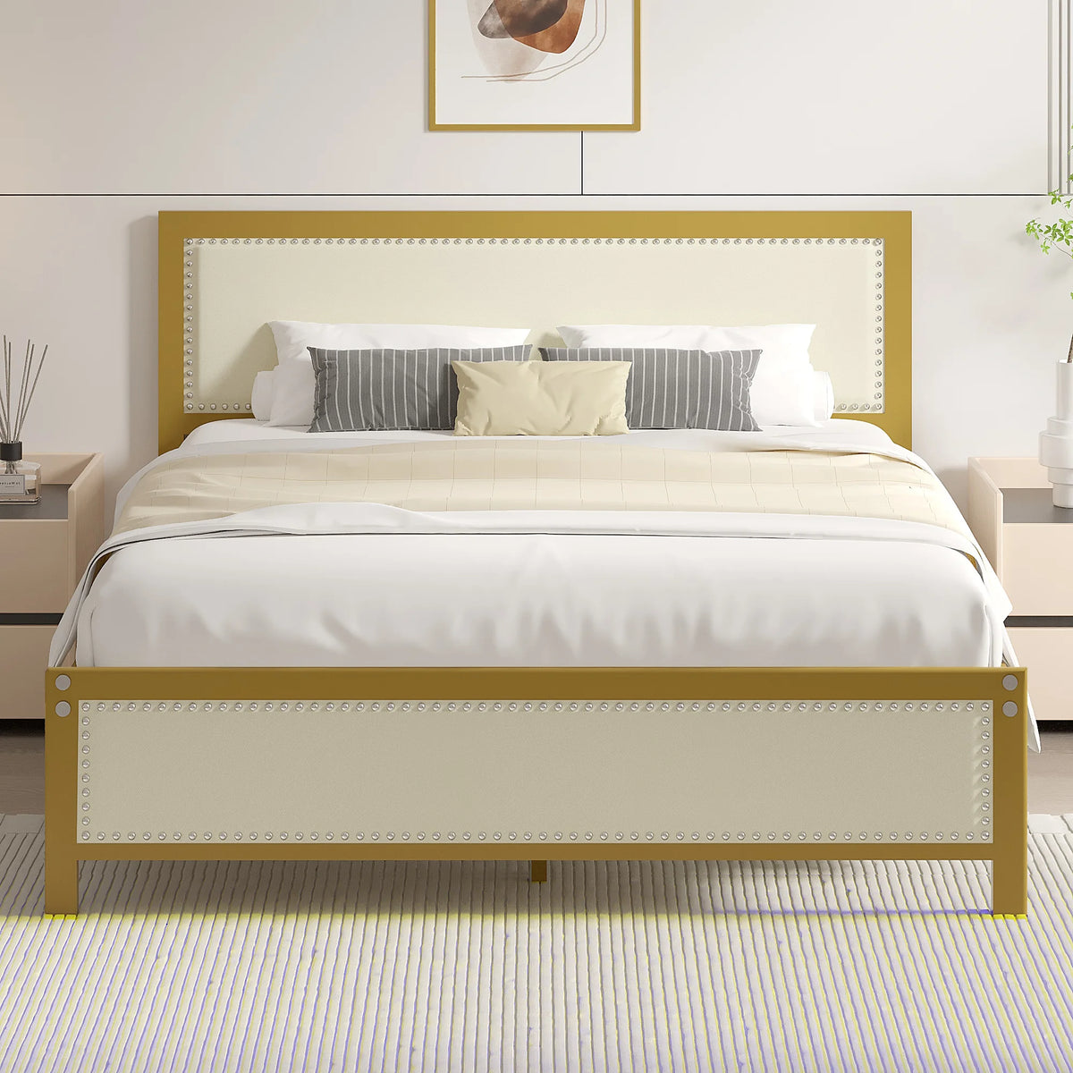VECELO Queen Size Bed Frame Metal Platform Bed with Upholstered Headboard, No Box Spring Needed, Black