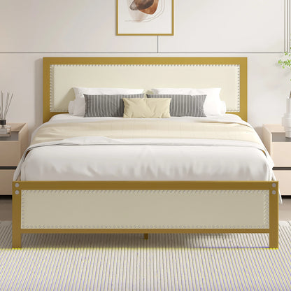 VECELO Queen Size Bed Frame Metal Platform Bed with Upholstered Headboard, No Box Spring Needed, Black