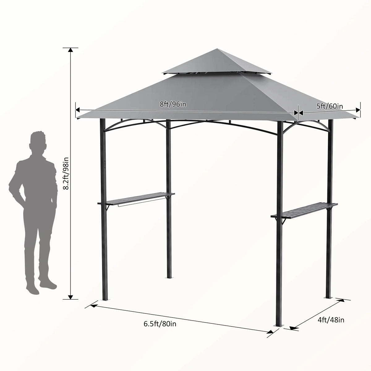 GVDV 8'x 5' Grill Gazebo Canopy, Outdoor BBQ Gazebo Shelter with 2 Side Shelves & Double-Tiered Top