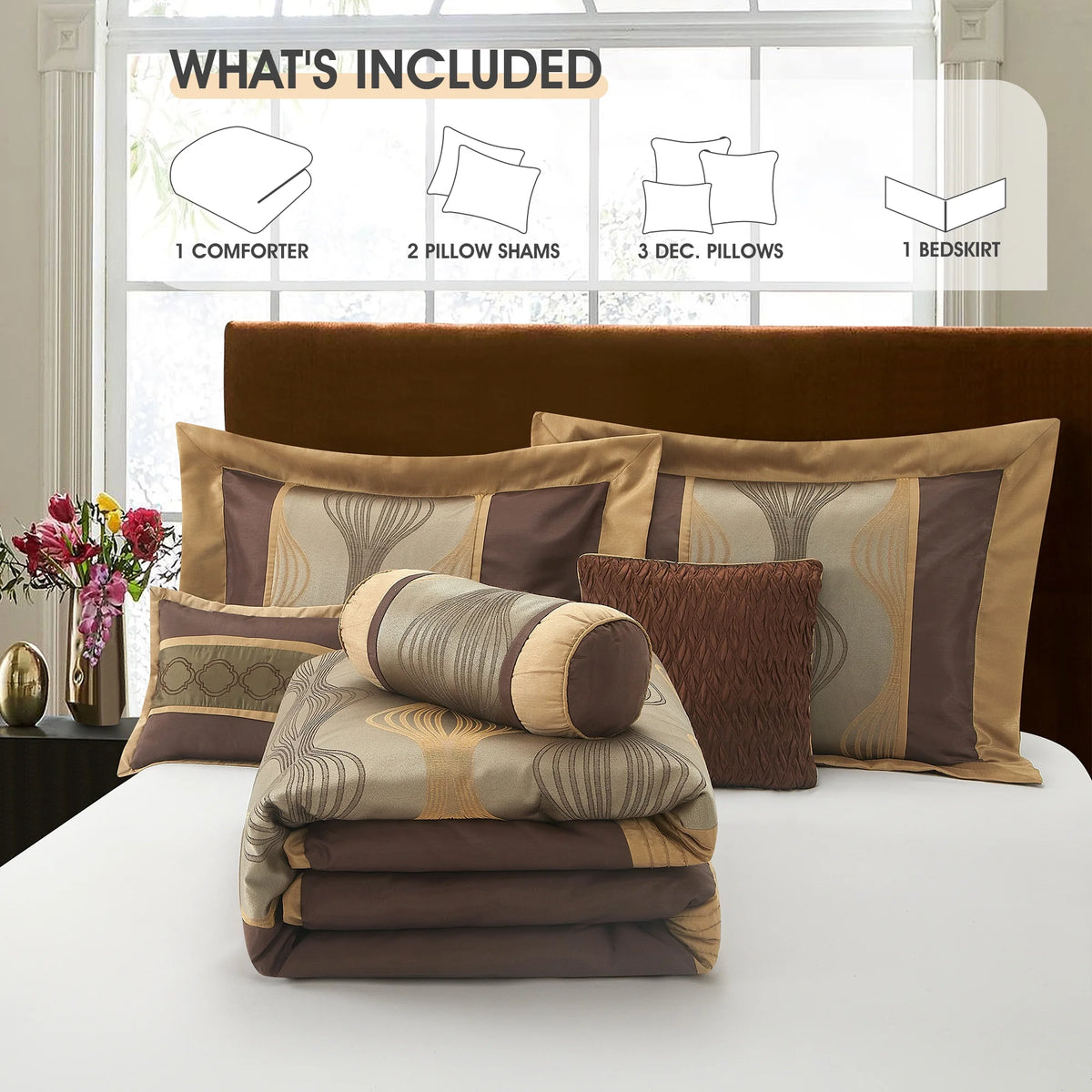 Lanco Elegant Black and Gold Comforter Set,Striped, 7 Pieces Jacquard Bedding Sets with Comforter for All Season, Bed Skirt, Pillows & Shams, Queen Size, Lightweight Microfiber