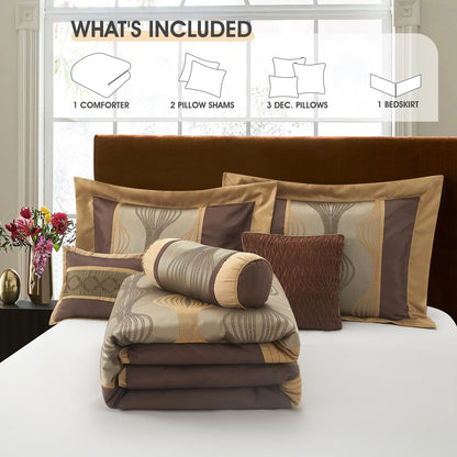 Lanco Elegant Black and Gold Comforter Set,Striped, 7 Pieces Jacquard Bedding Sets with Comforter for All Season, Bed Skirt, Pillows & Shams, Queen Size, Lightweight Microfiber