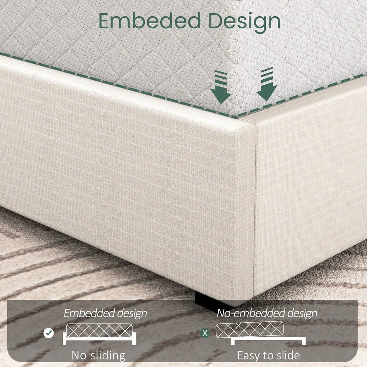 LARMACE King Size Upholstered Bed Frame with 4 Storage Drawers and Vertical Channel Tufted Headboard Linen Platform Bed Frame Wingback Beds with Wooden Slats Support, Beige