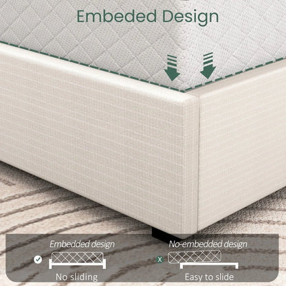 LARMACE King Size Upholstered Bed Frame with 4 Storage Drawers and Vertical Channel Tufted Headboard Linen Platform Bed Frame Wingback Beds with Wooden Slats Support, Beige