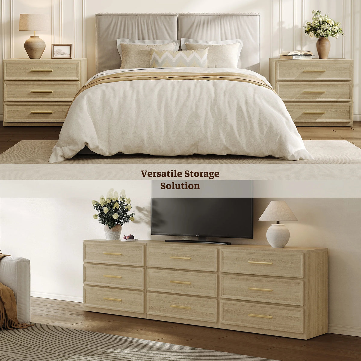 SICOTAS 31.3" W 3-Drawer Nightstand Set of 2 with Oversized Large Storage , Modern Night Stands Bedside Table with Adjustable Feet & Gold Handles for Bedroom Living Room Entryway, Light Oak