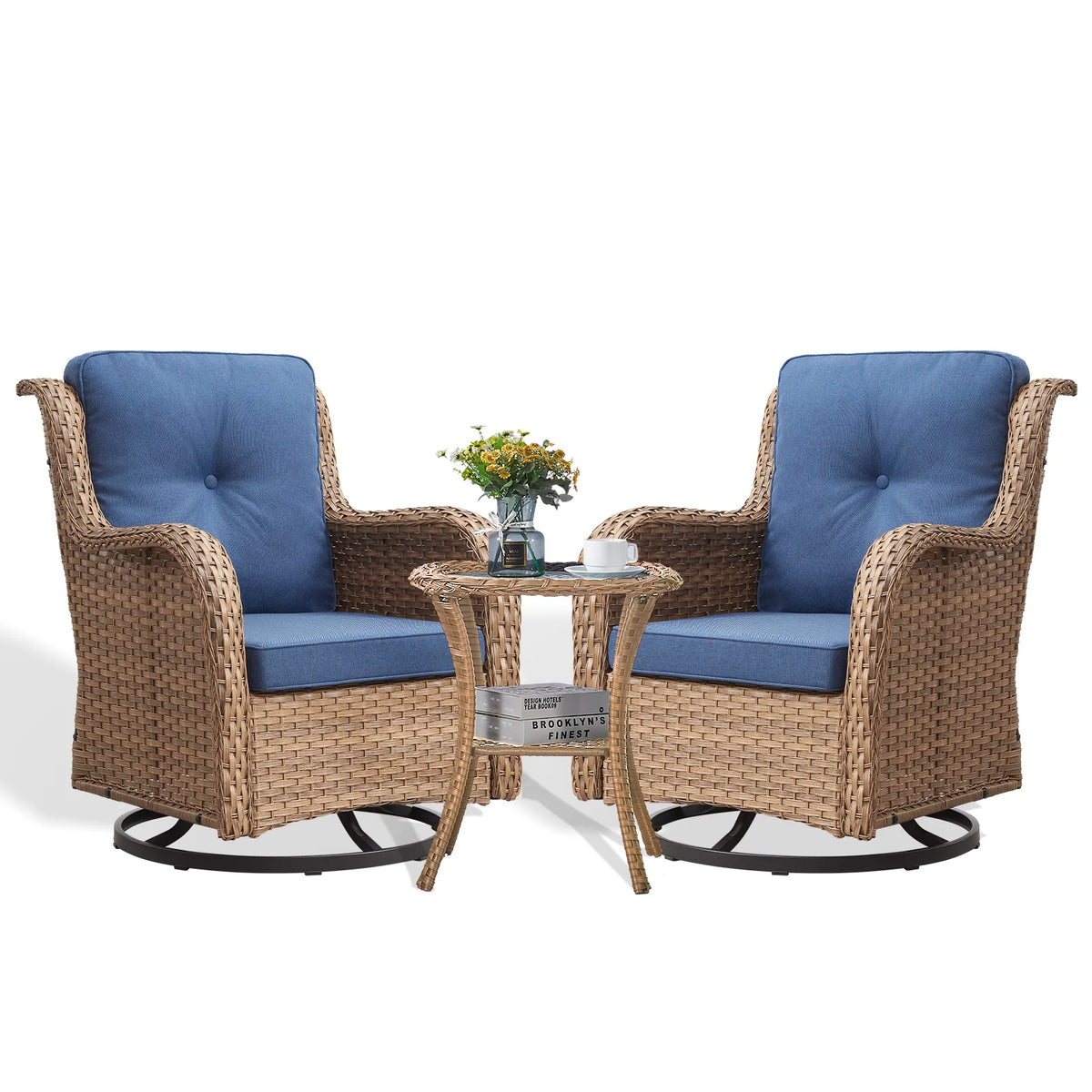 POCASSY 3 Piece Patio Set Outdoor Wicker Glider Rocking and Swivel Chairs with Cushions