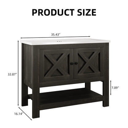 DreamCurship Bathroom Vanity with Sink Combo, 35'' Bathroom Storage Cabinet with Storage, Farmhouse Bathroom Vanity Cabinet with 2 Doors and Open Shelf, White