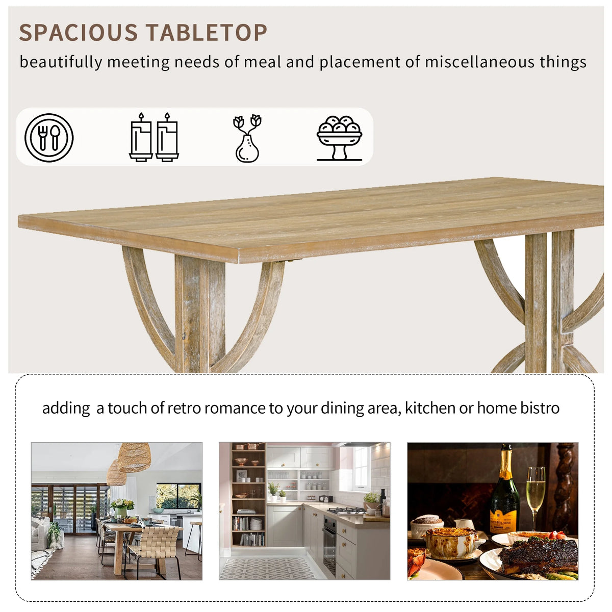 Besthome 6-Piece Retro Rectangular Dining Table Set, Table with Unique Legs and 4 Upholstered Chairs & 1 Bench for Dining Room and Kitchen (Natural Wood Wash)